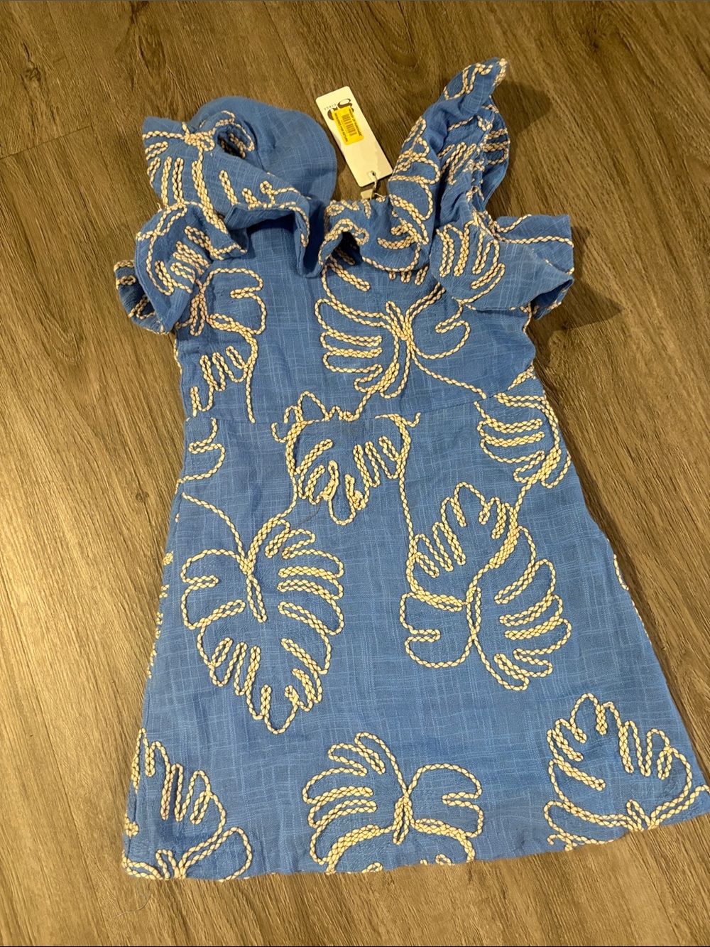 GB girls Blue Dress with Cream Leaf Embroidery